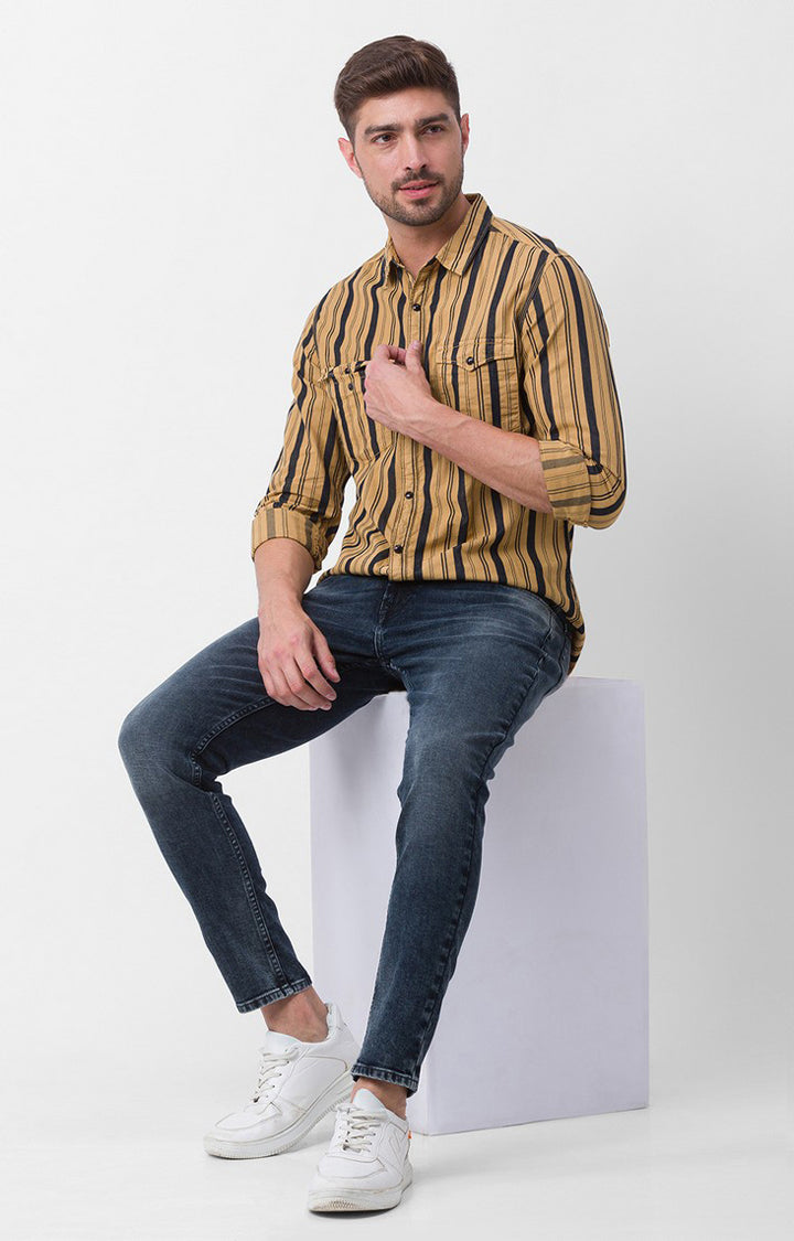 Spykar Camel Khaki Cotton Full Sleeve Stripes Shirt For Men