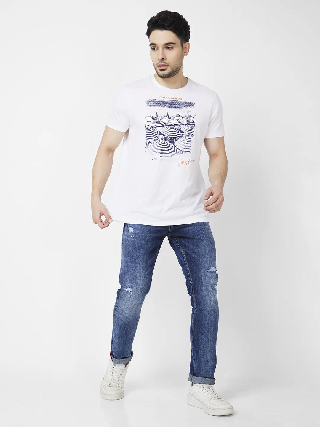 Spykar Men Mid Blue Cotton Slim Fit Narrow Length Mild Distressed Low Rise Jeans (Skinny)