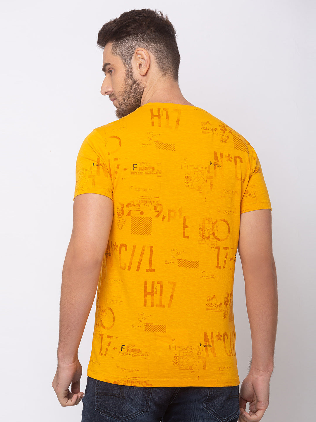 Spykar Men Yellow Cotton Slim Fit Round Neck T-Shirt