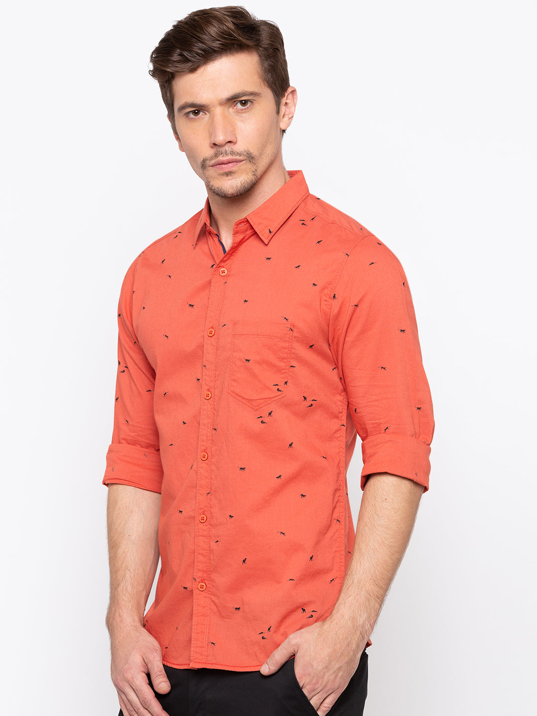 Spykar Men Orange Printed Slim Fit Casual Shirt