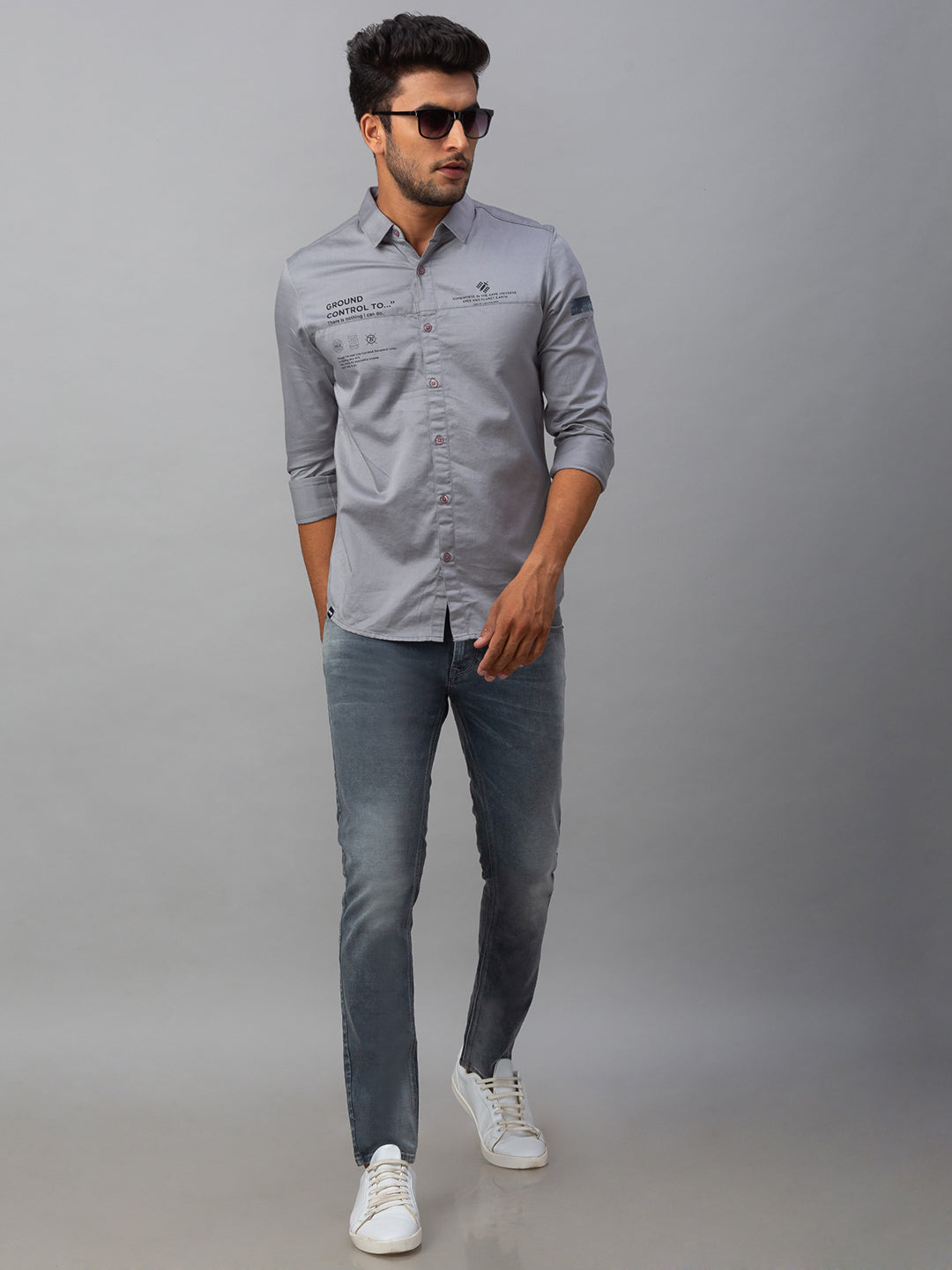 Spykar Men Grey Cotton Slim Fit Shirt