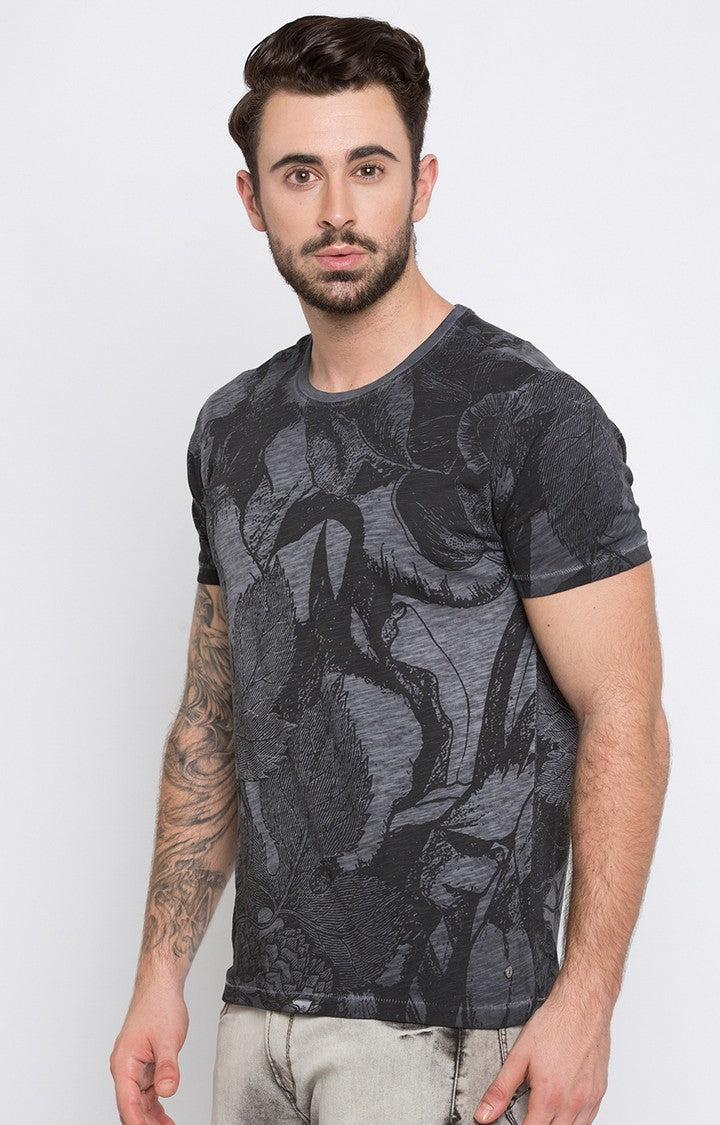 Spykar Grey Printed Slim Fit Men T-Shirts