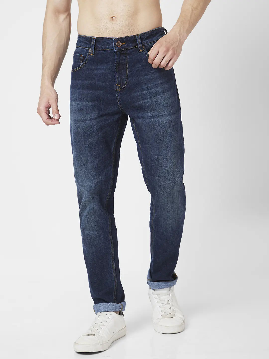 Spykar Men Dark Blue Cotton Stretch Slim Fit Narrow Length Clean look Low Rise Jeans (Skinny)