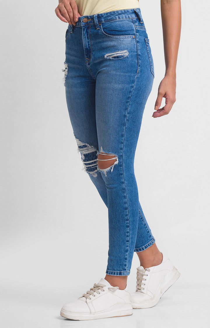 Spykar Mid Blue Cotton Super Skinny Ankle Length Jeans For Women (Alexa)