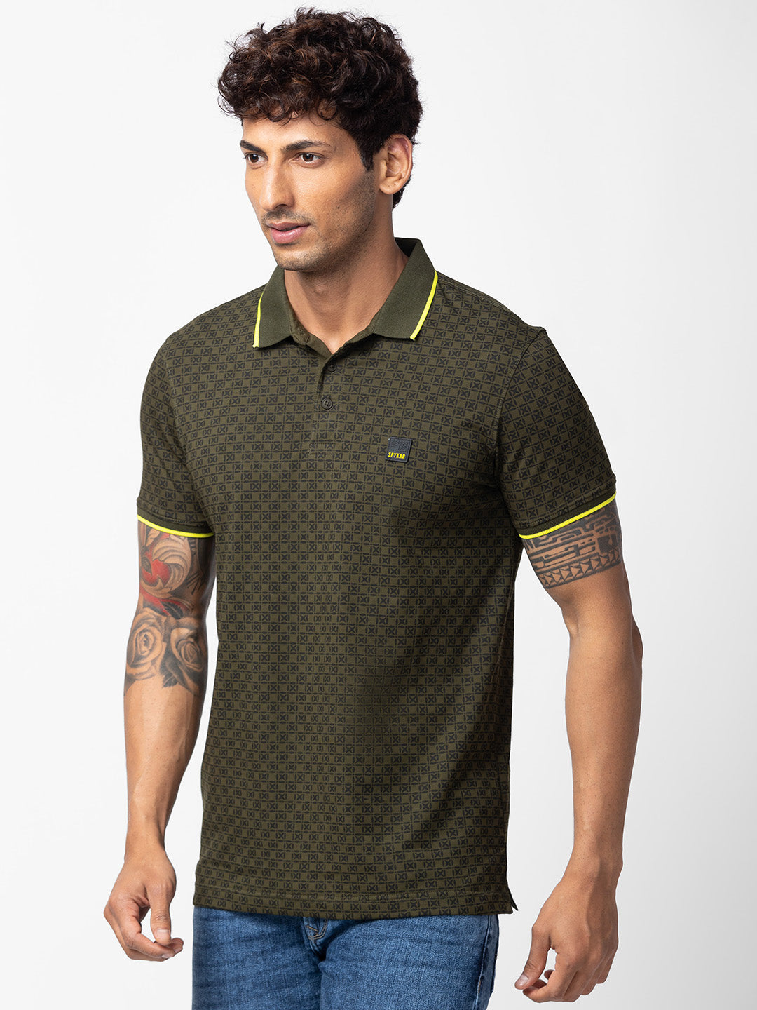 Spykar Men Rifle Green Cotton Regular Fit Half Sleeve Printed Polo T-Shirt