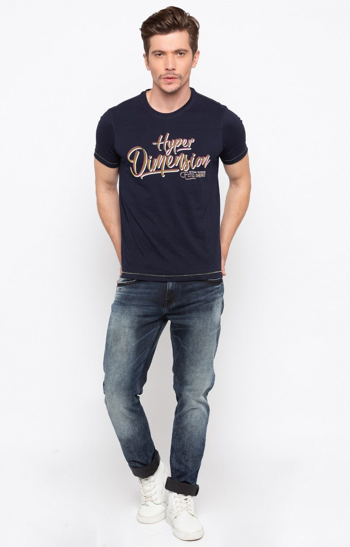 Spykar Navy Blue Printed Slim Fit Men T-Shirts