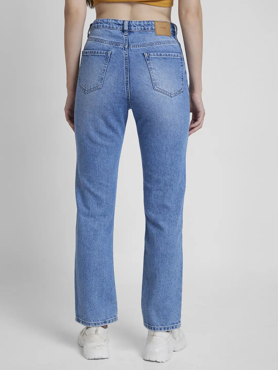 Spykar Women Light Blue Cotton Straight Fit Regular Length Mild Distressed Jeans -(Bella)