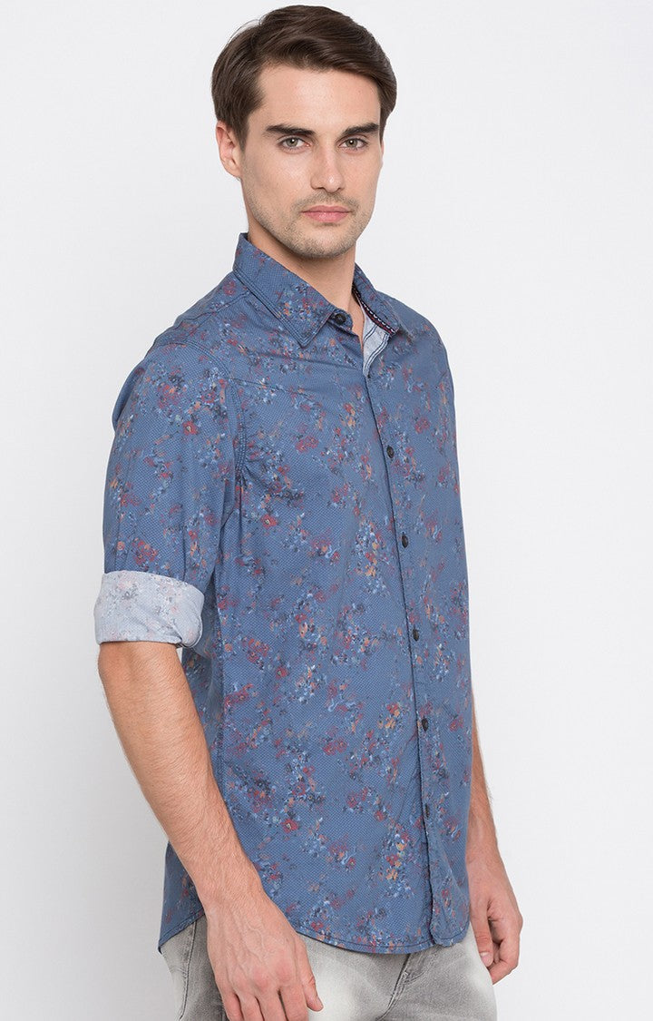 Spykar Men'S Blue Cotton Printed Casual Shirts