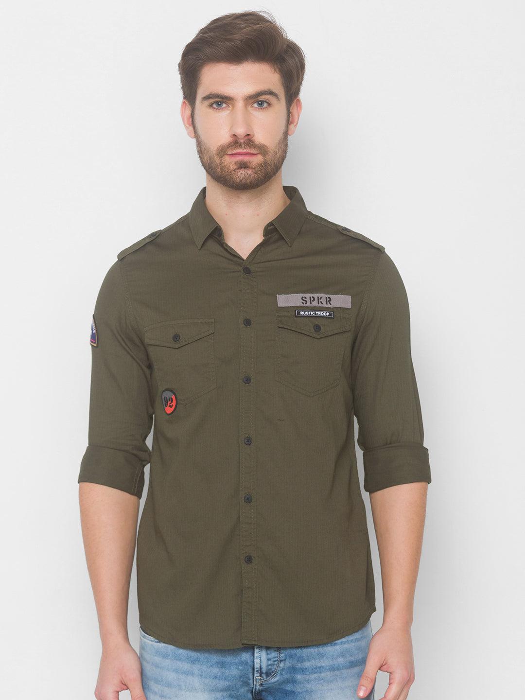 Spykar Men Olive Green Cotton Slim Fit Shirt