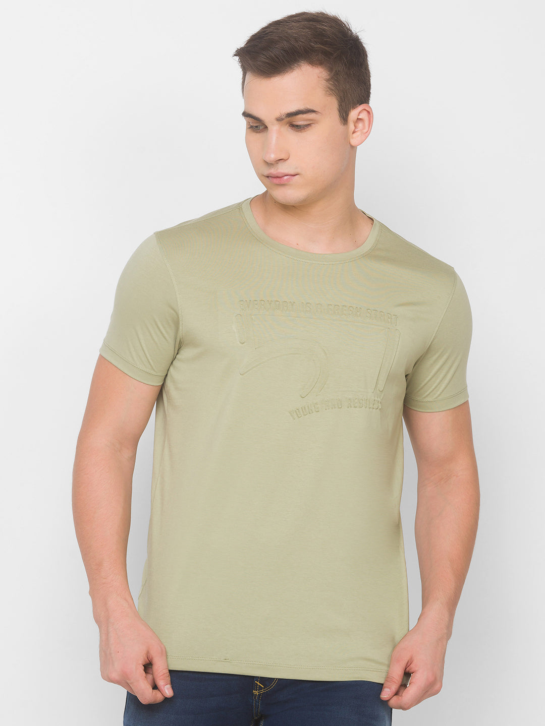 Spykar Men Green Cotton Slim Fit Round Neck T-Shirt