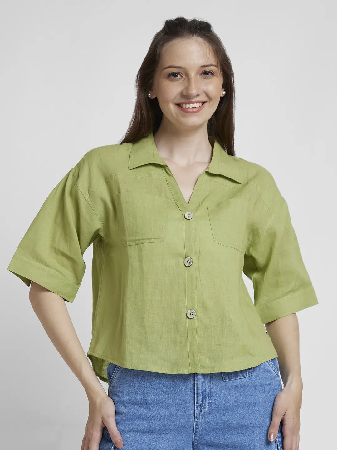 Spykar Women Bay Leaf Viscose Linen Slim Fit Half Sleeve Plain Crop Shirt