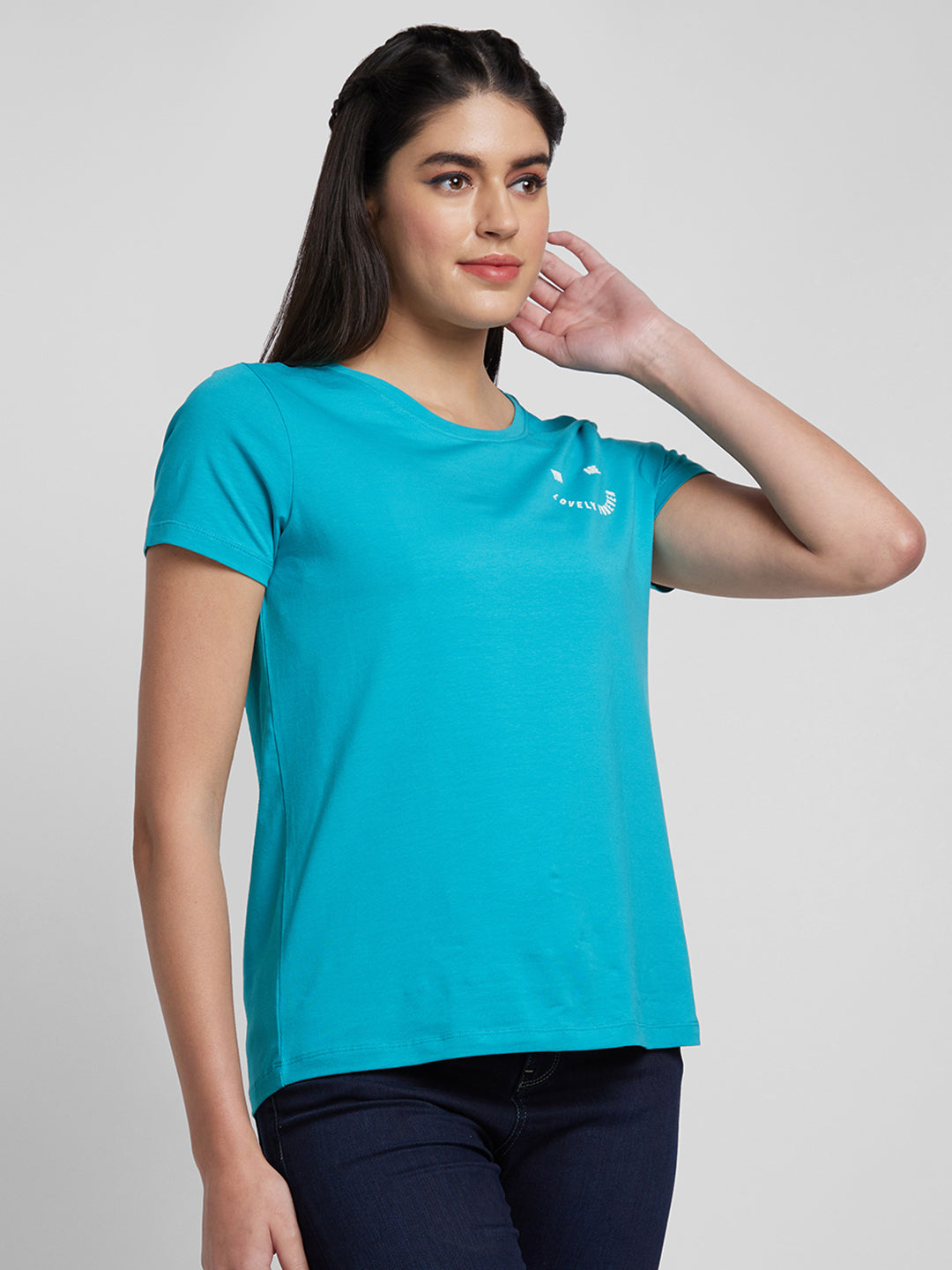 Spykar Women Sea Green Blended Regular Fit Printed Round Neck T-Shirts