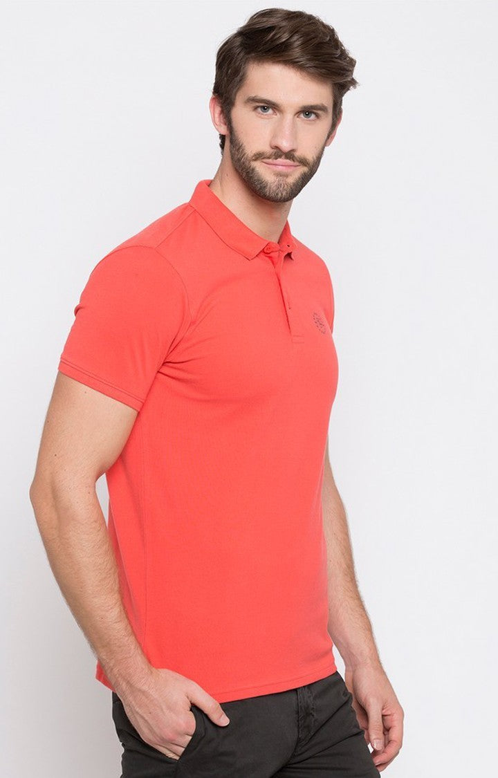 Spykar Coral Solid Slim Fit Polo T-Shirt