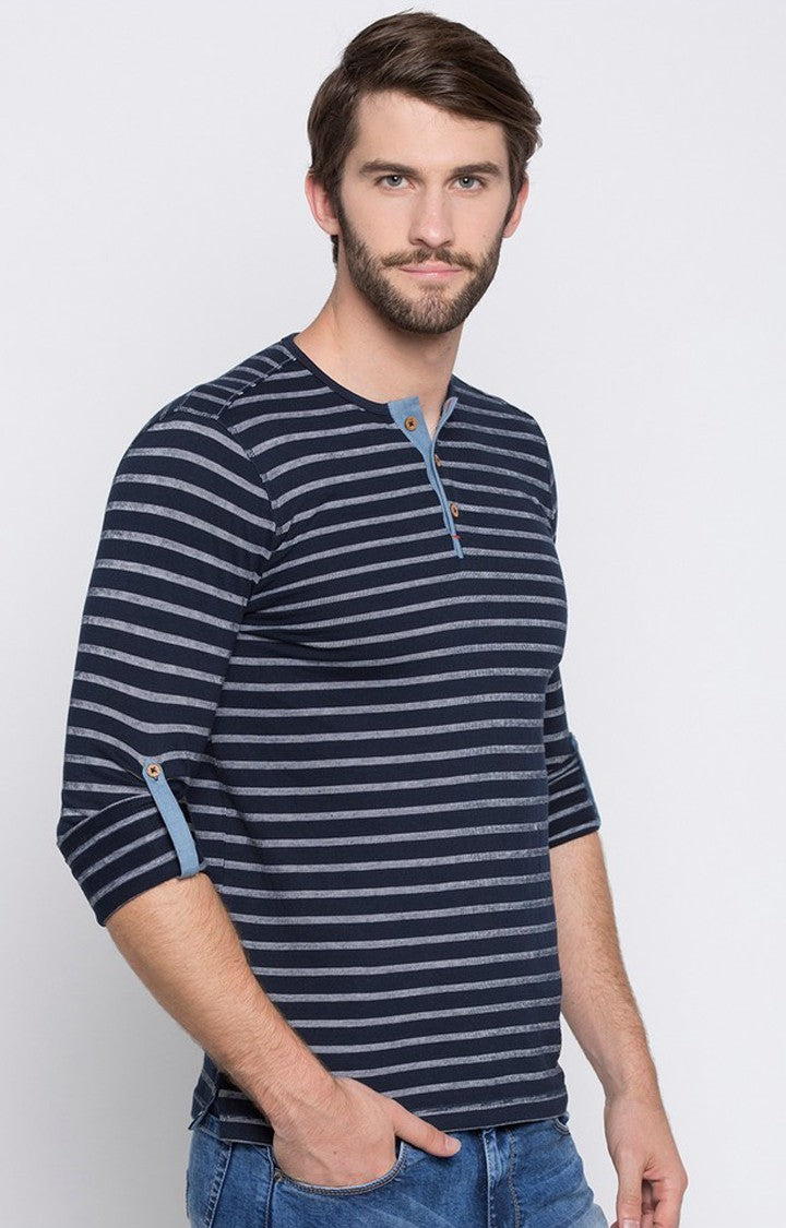 Spykar Navy Blue Striped Slim Fit Men T-Shirts