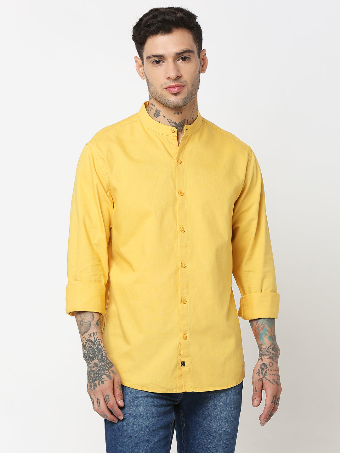 Spykar Men Chrome Yellow Cotton Slim Fit Plain Shirts