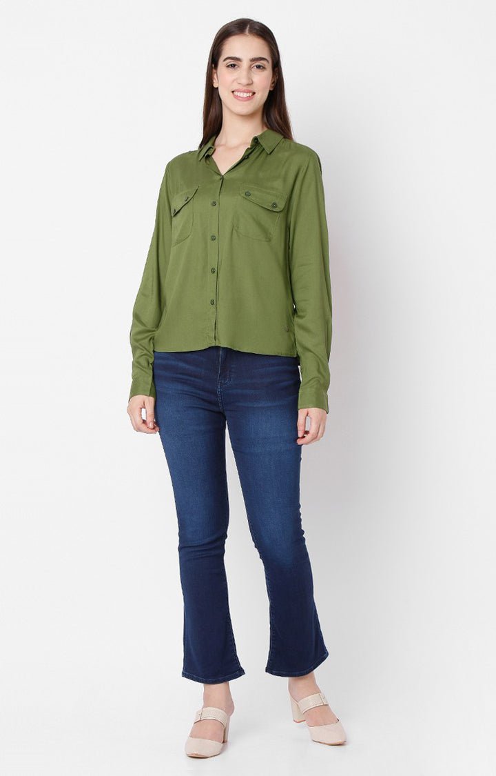 Spykar Regular Fit Green Cotton Women Shirts