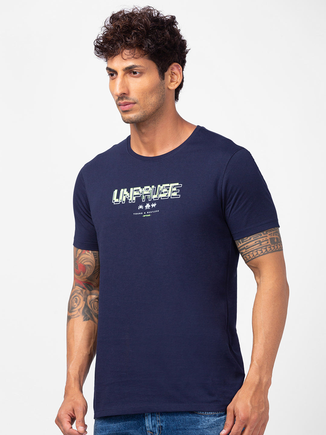 Spykar Men Navy Blue Cotton Slim Fit Round Neck Printed T-Shirt