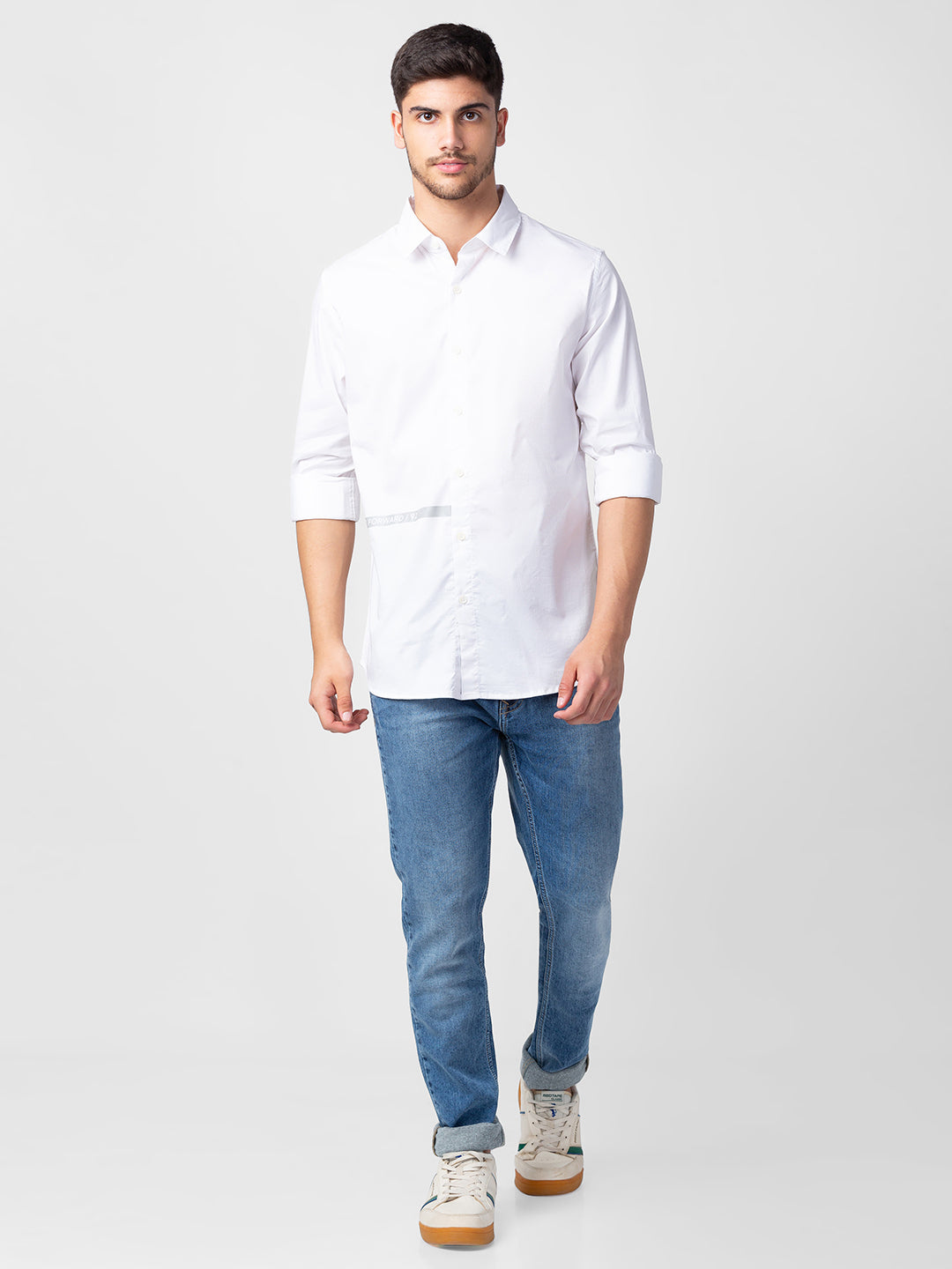 Spykar Men White Cotton Slim Fit Plain Shirt