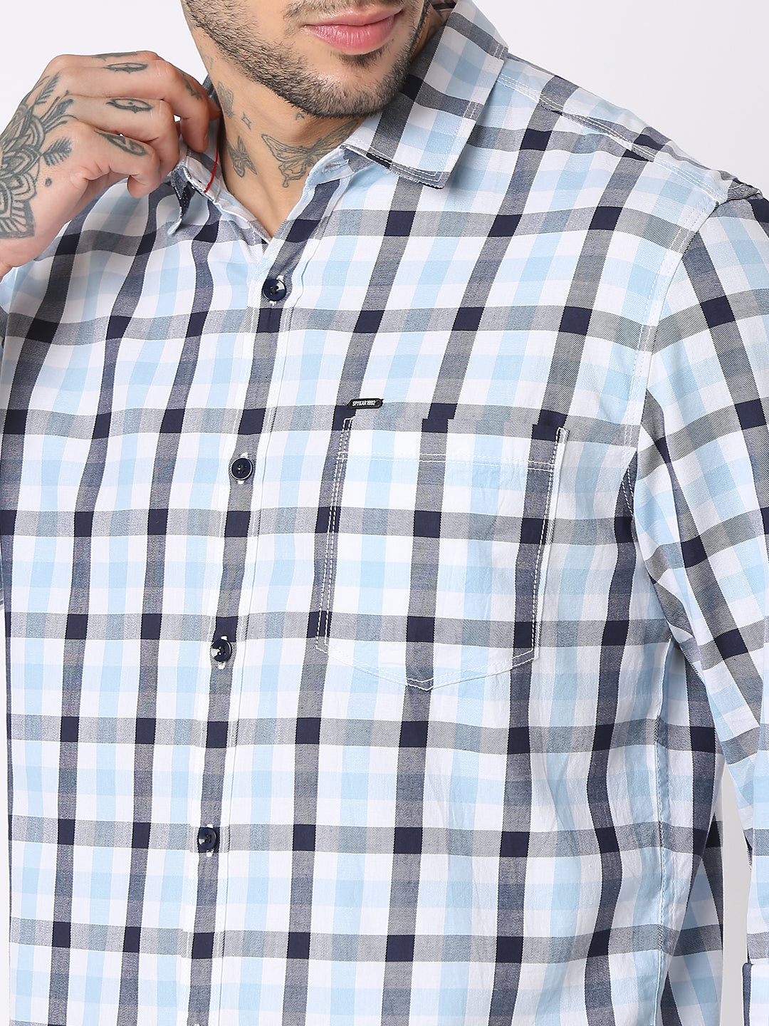 Spykar Men Sky Blue Cotton Regular Fit Checkered Shirts