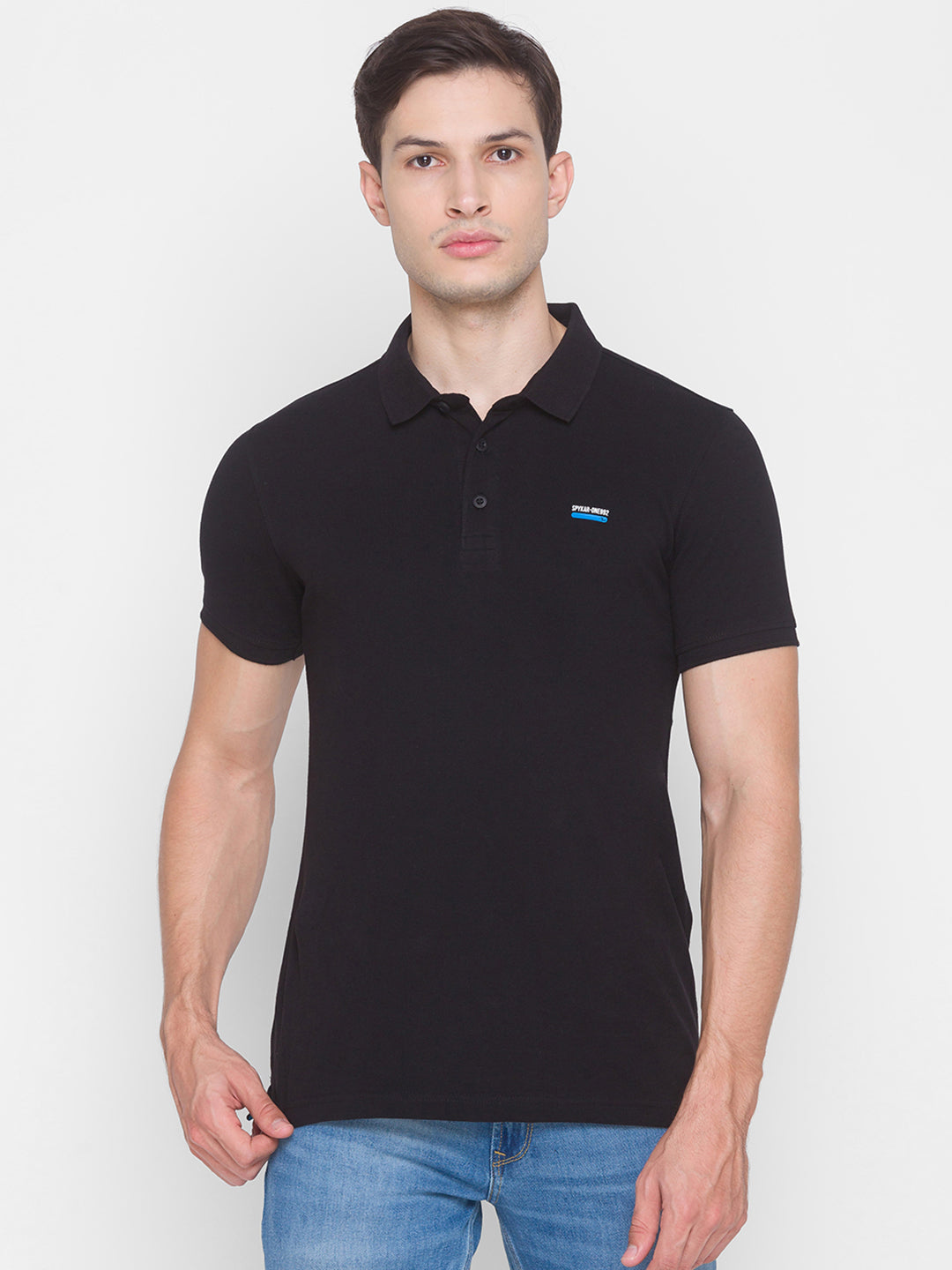 Spykar Men Black Cotton Slim Fit Polo T-Shirt