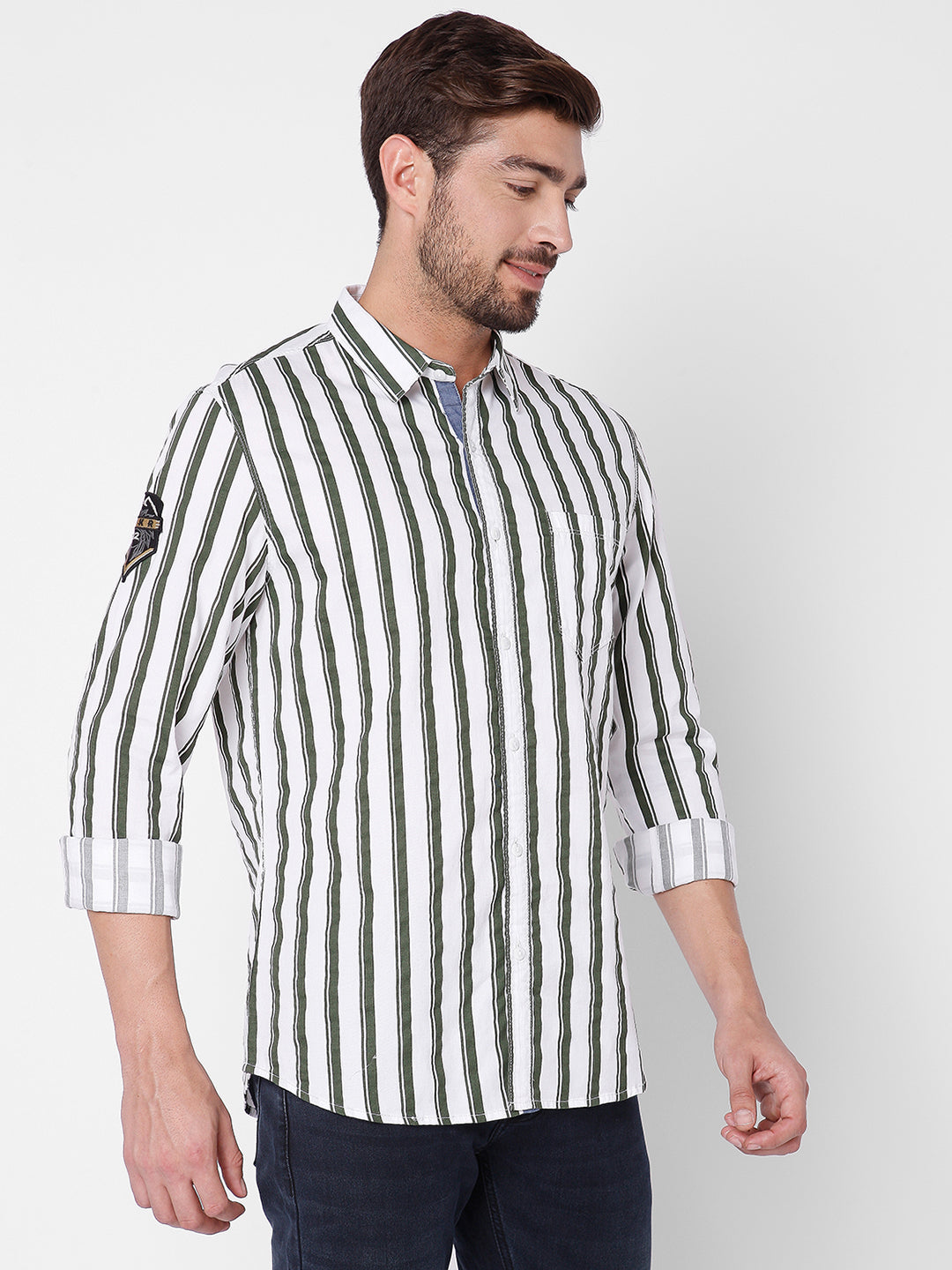 Spykar Green Cotton Slim Fit Stripe Shirts For Men