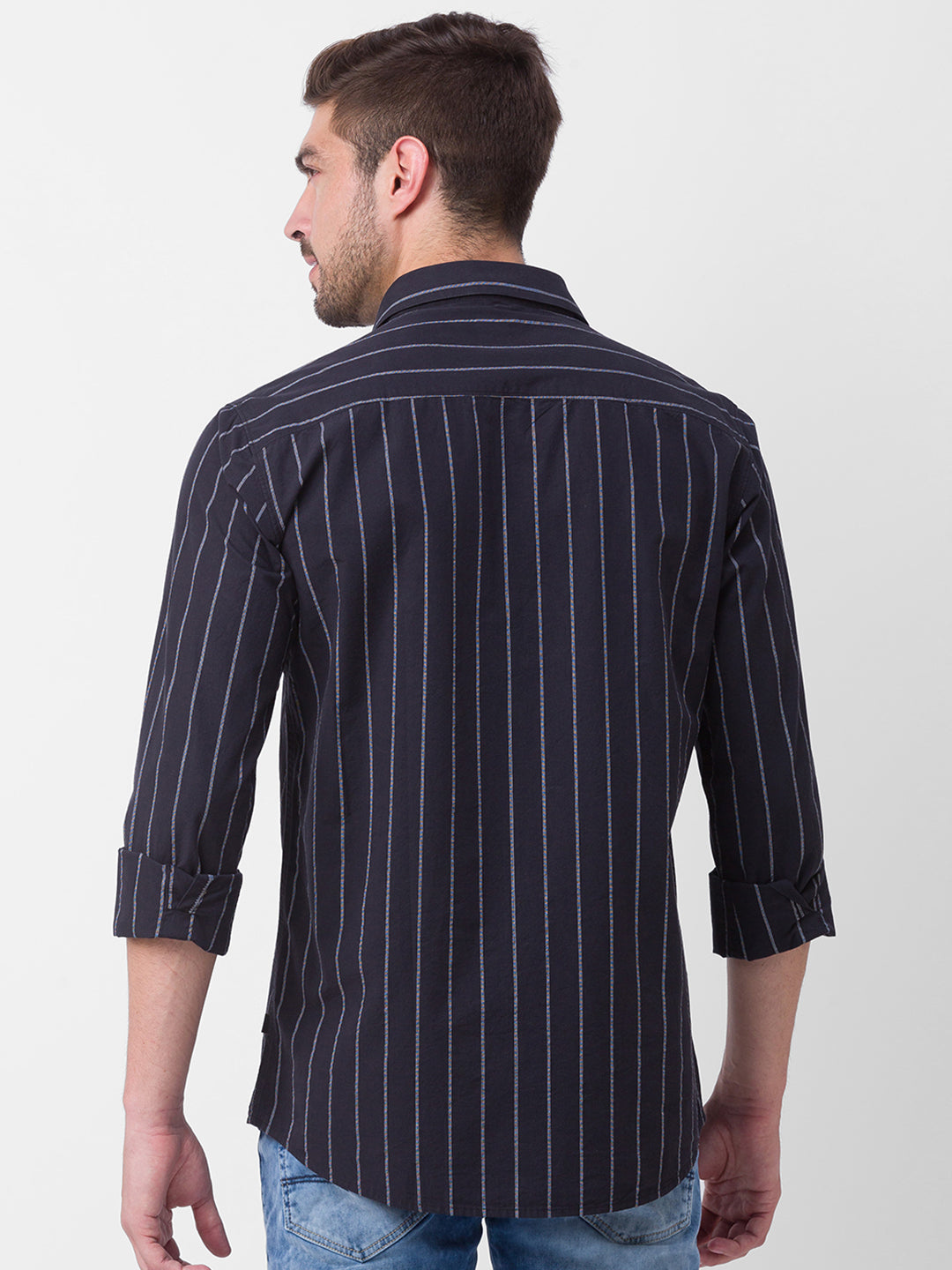 Spykar Black Cotton Full Sleeve Stripes Shirt For Men