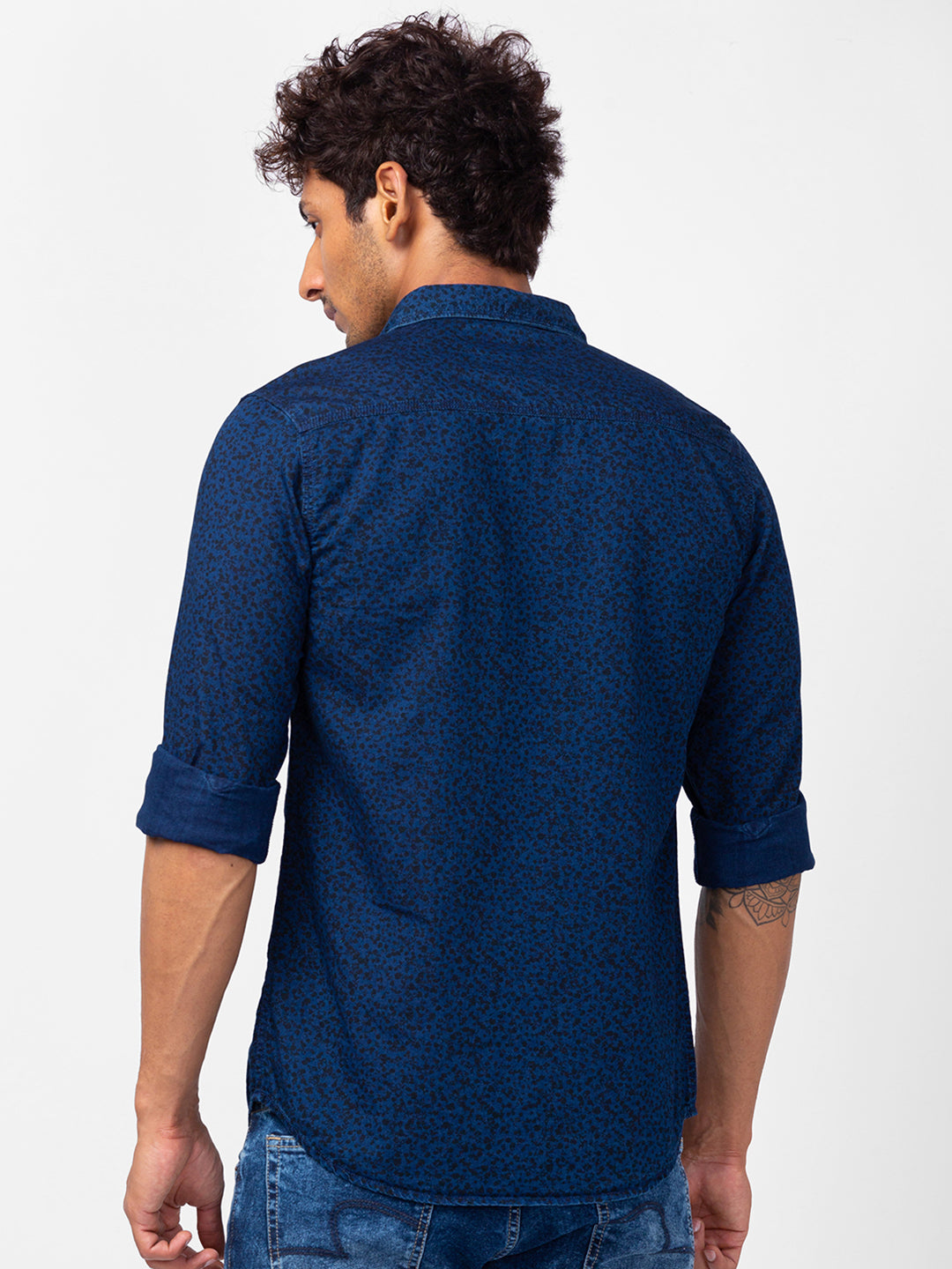 Spykar Men Indigo Blue/Black Cotton Slim Fit Printed Shirts