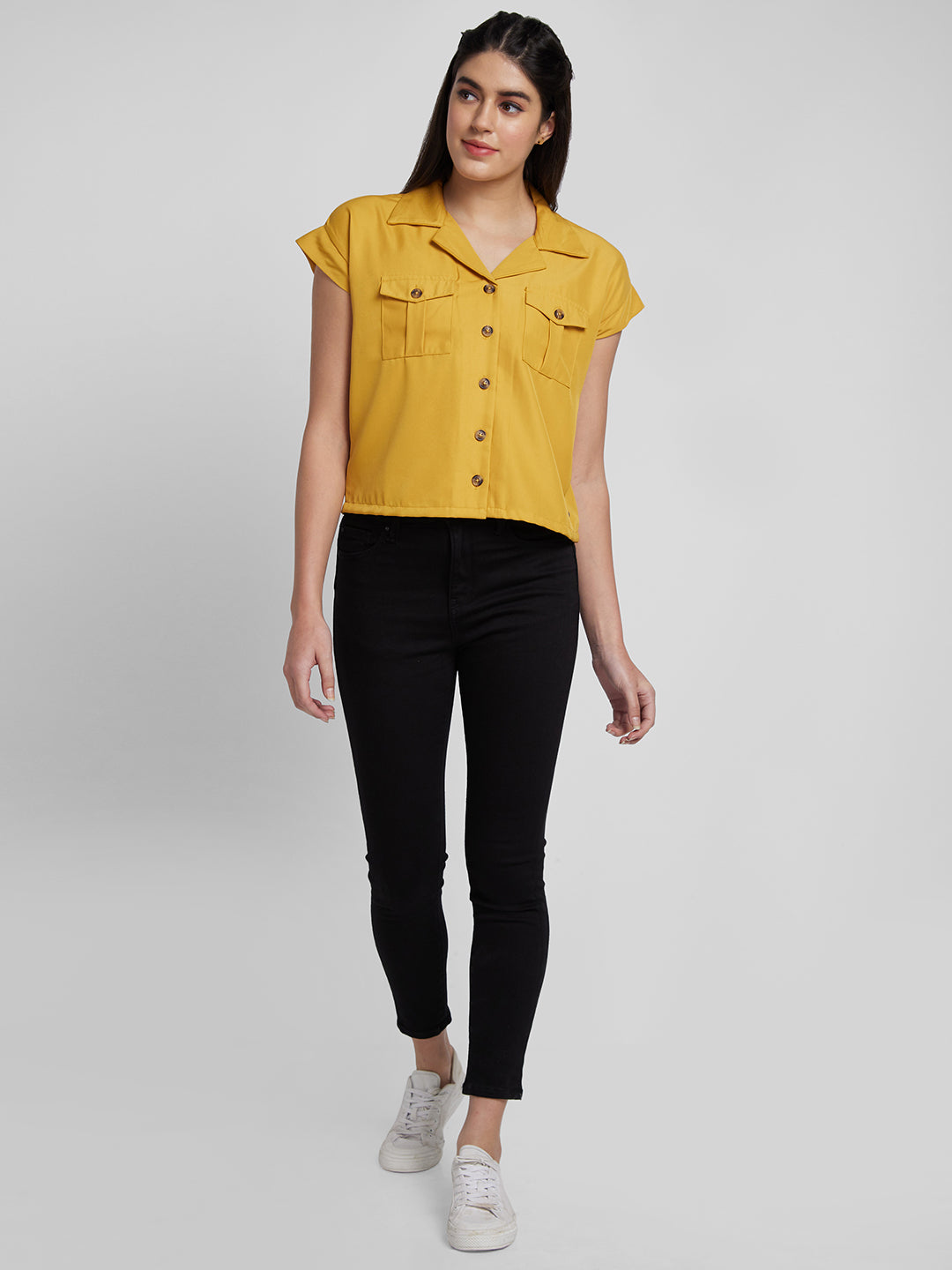 Spykar Women Ochre Yellow Cotton Slim Fit Cap Sleeve Denim Shirts