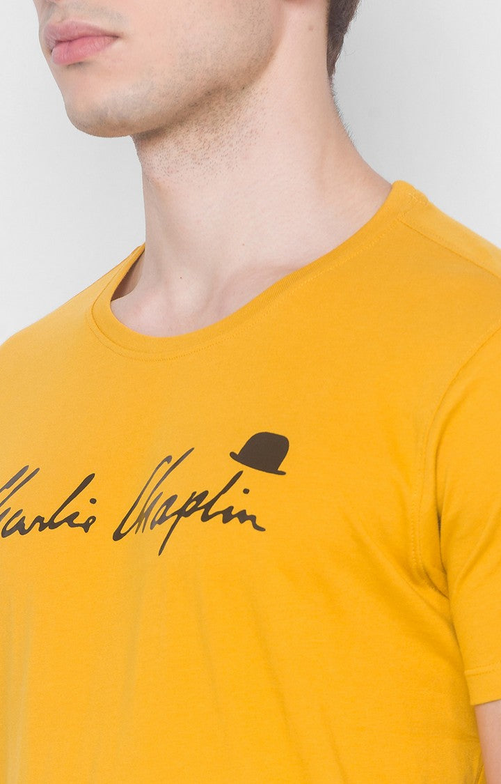 Charlie Chaplin Spykar Men Mustard Cotton Slim Fit Round Neck Printed T-Shirt