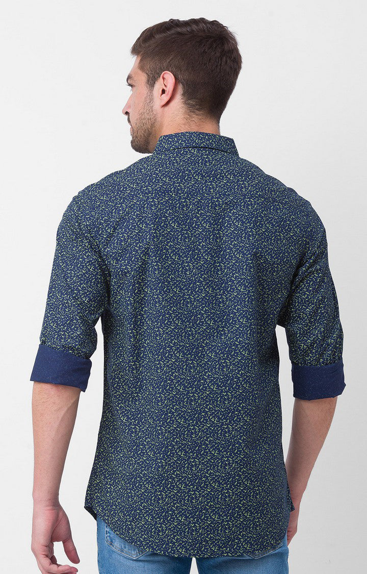 Spykar Navy Blue Cotton Full Sleeve Printed Shirt For Men