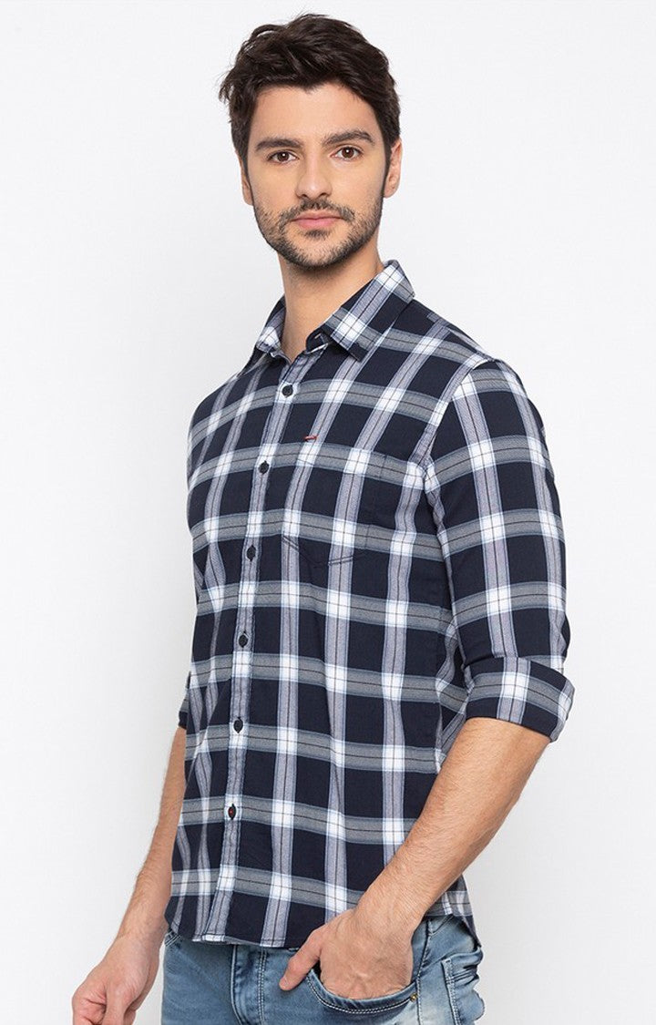 Spykar Men Navy Checked Slim Fit Casual Shirt