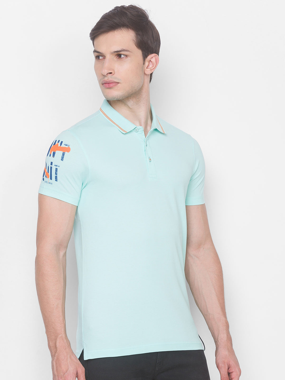 Spykar Men Blue Cotton Slim Fit Polo T-Shirt