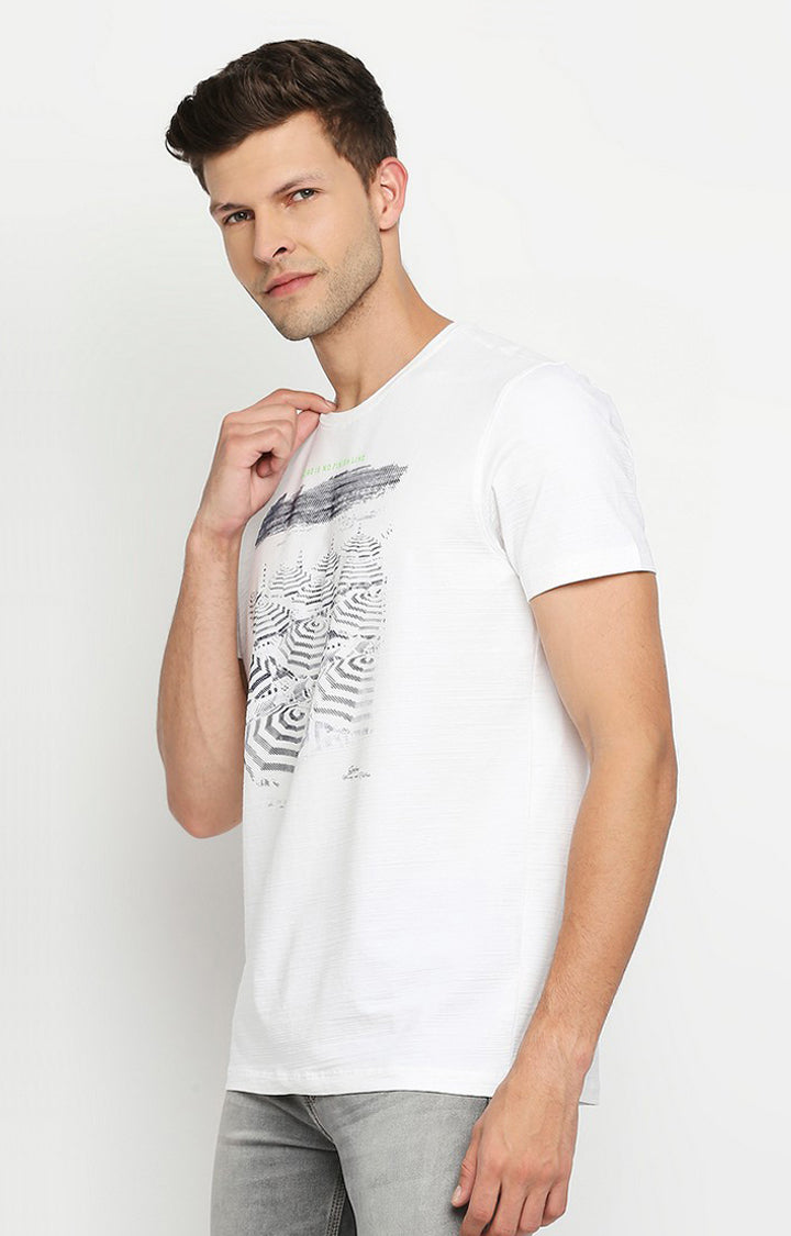 Spykar Men White Cotton Blend Slim Fit Round Neck T-Shirt