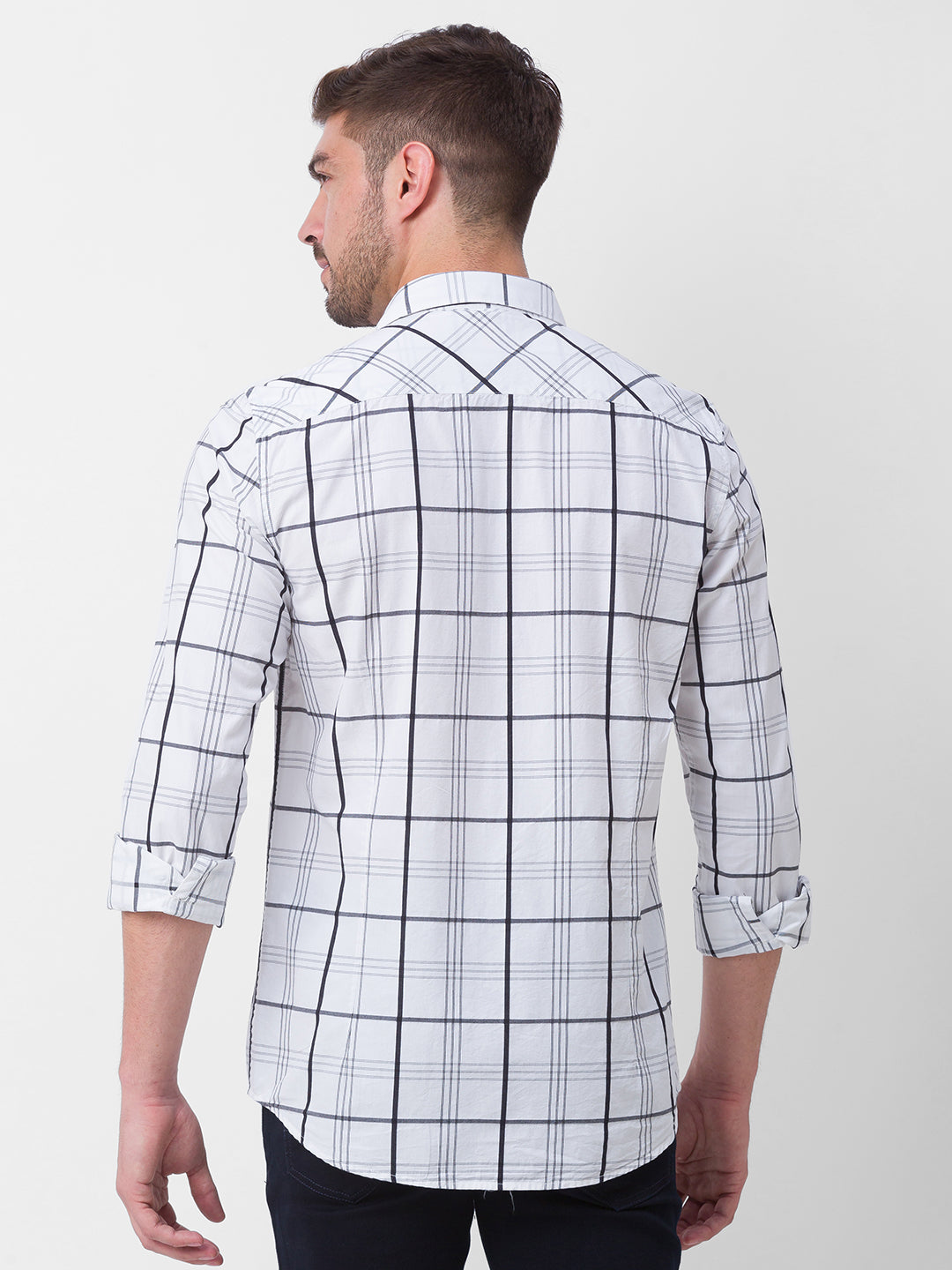 Spykar White Cotton Full Sleeve Checks Shirt For Men