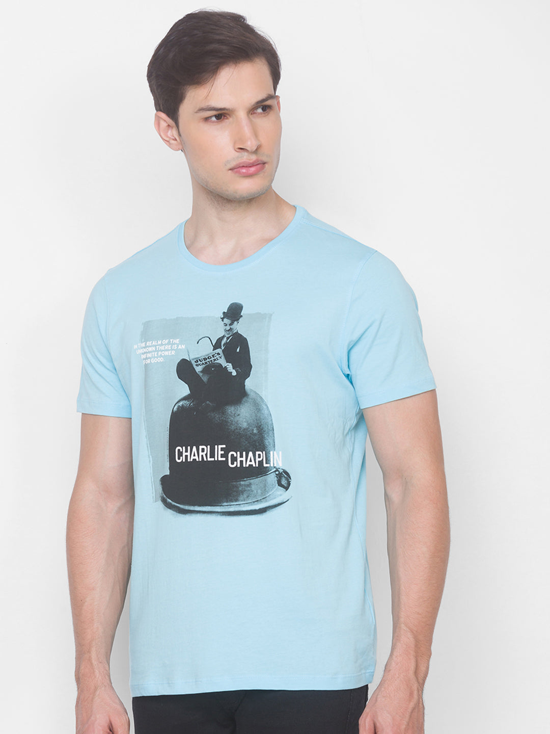 Charlie Chaplin Spykar Men Blue Cotton Slim Fit Round Neck T-Shirt