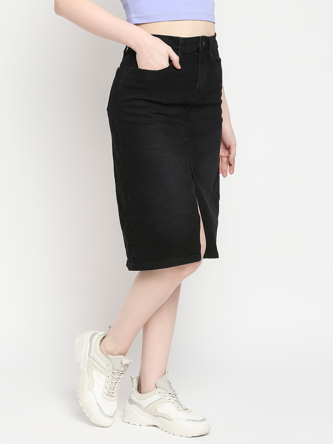 Spykar Black Cotton Straight Fit Regular Length Skirt For Women (Bella)