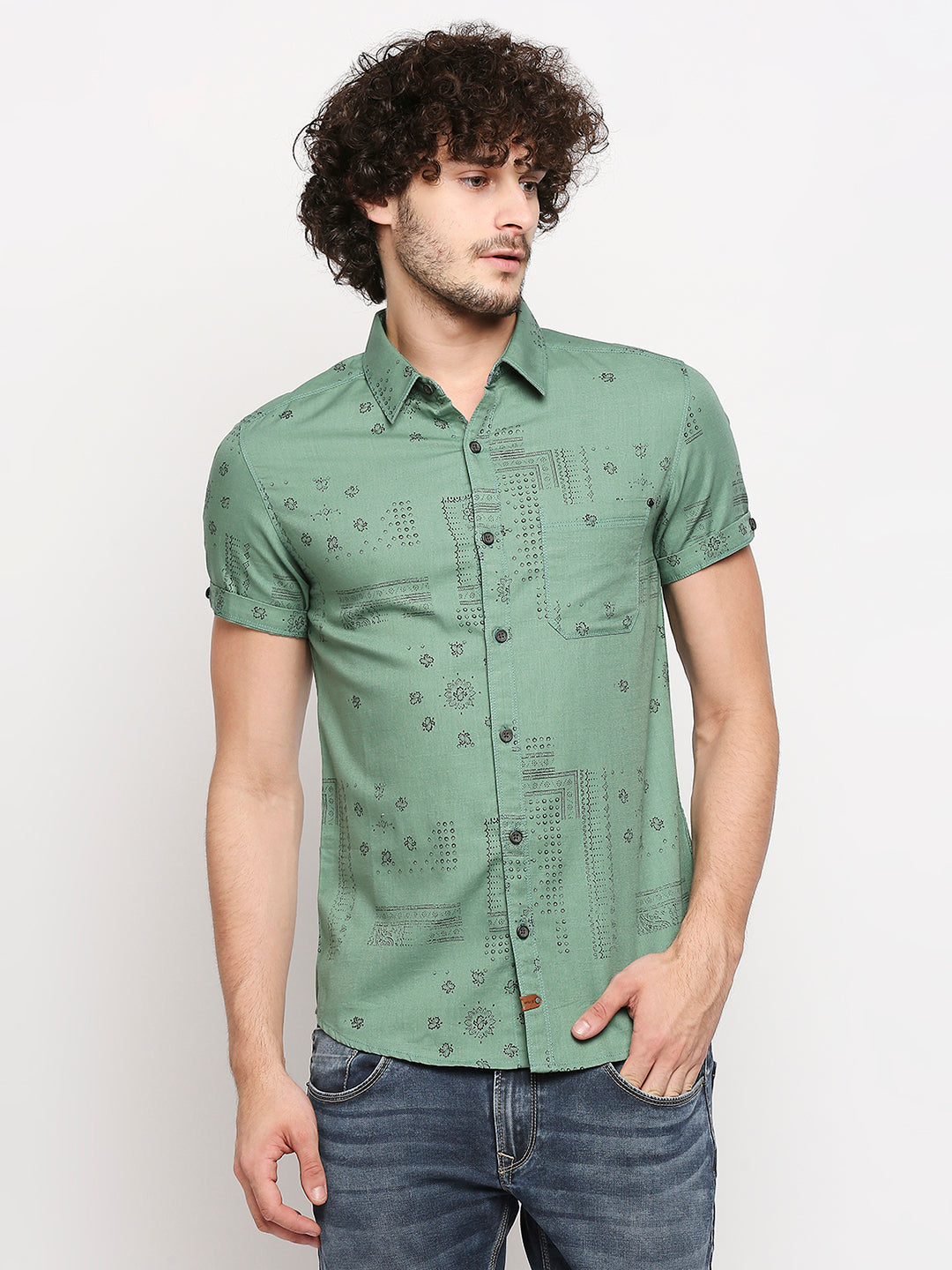 Spykar Men Sage Green Cotton Slim Fit Shirt