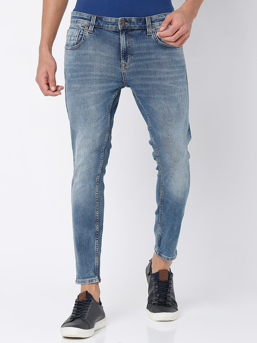 Spykar Mid Blue Cotton Slim Fit Tapered Length Jeans For Men (Kano)