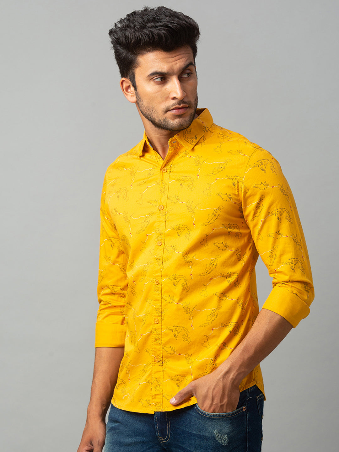 Spykar Men Yellow Cotton Slim Fit Shirt