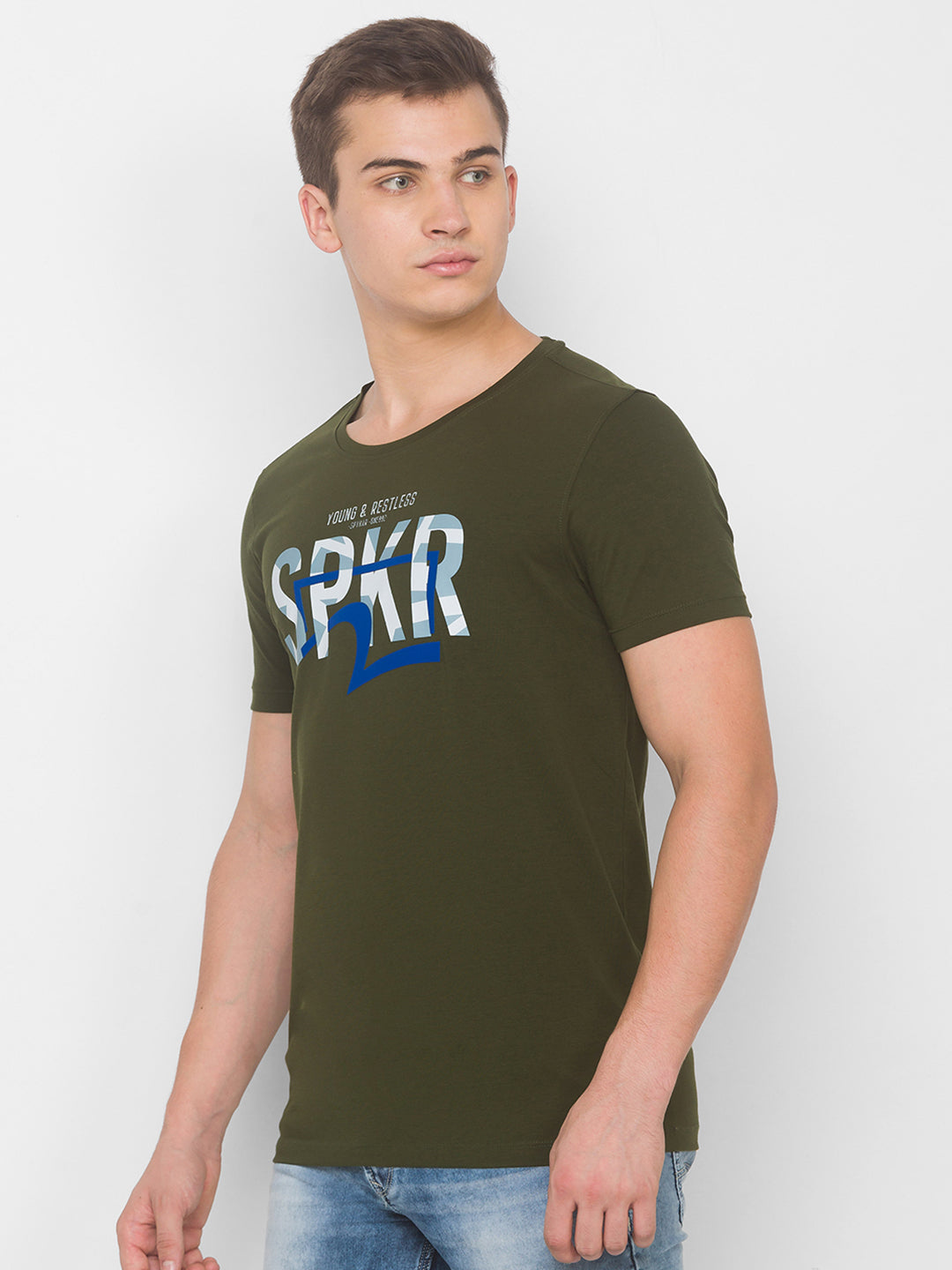 Spykar Men Green Cotton Slim Fit Round Neck T-Shirt