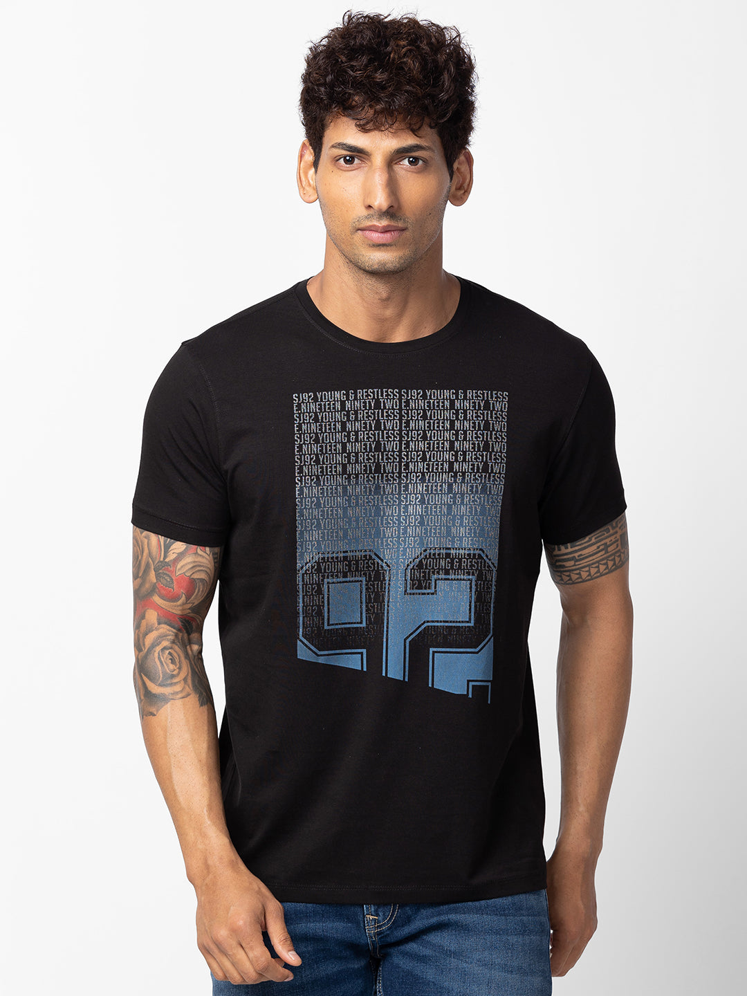 Spykar Men Black Cotton Regular Fit Half Sleeve Printed T-Shirt