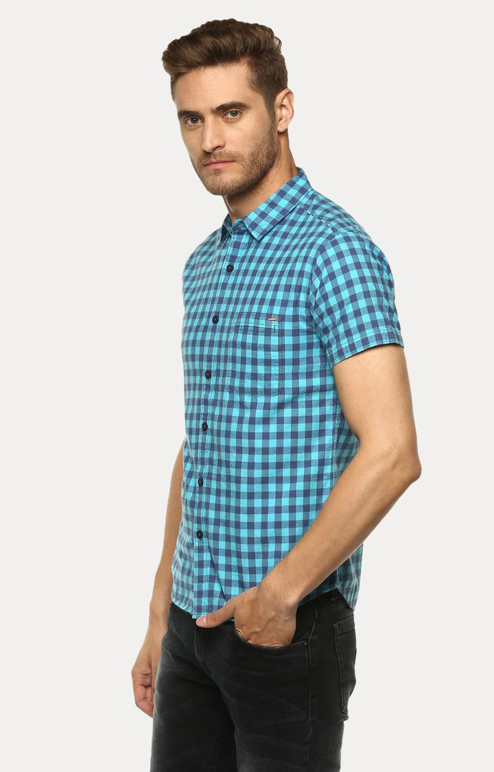 Spykar Men'S Blue Cotton Checked Casual Shirts