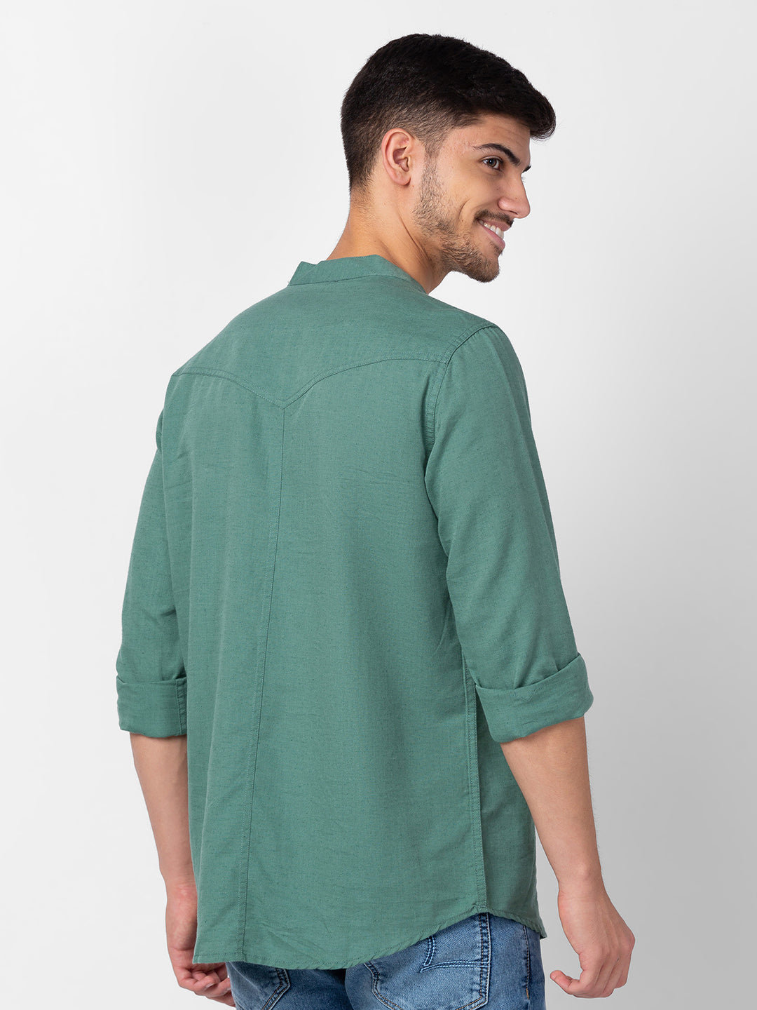 Spykar Men Sage Green Cotton Slim Fit M and arin Collar Plain Kurta