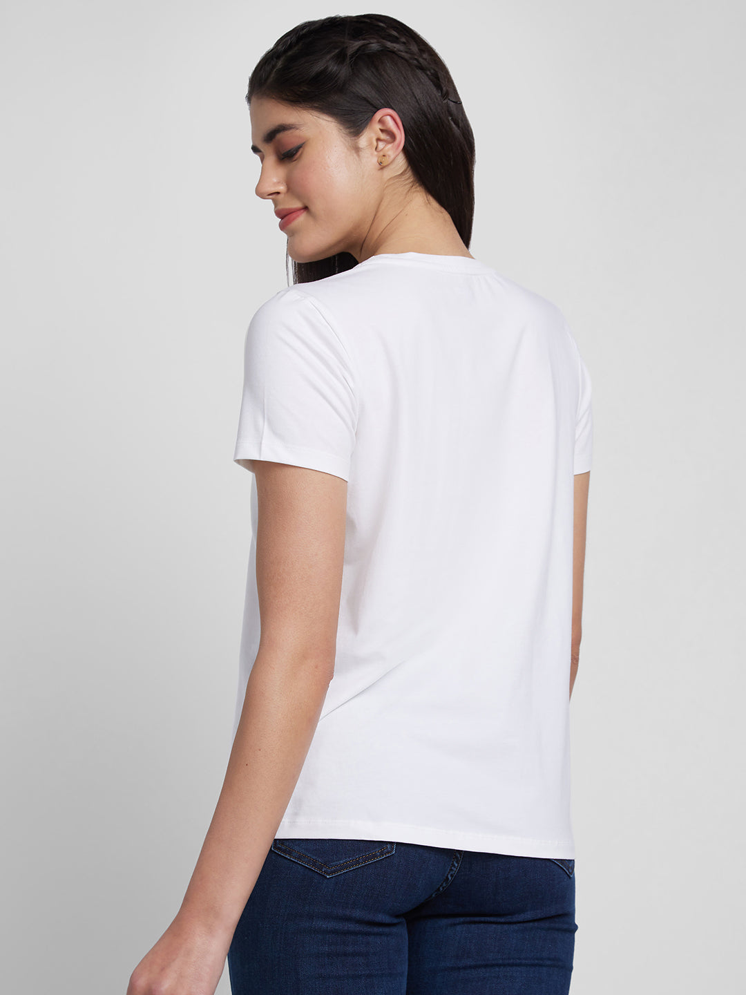 Spykar Women White Blended Regular Fit Printed Round Neck Tshirt