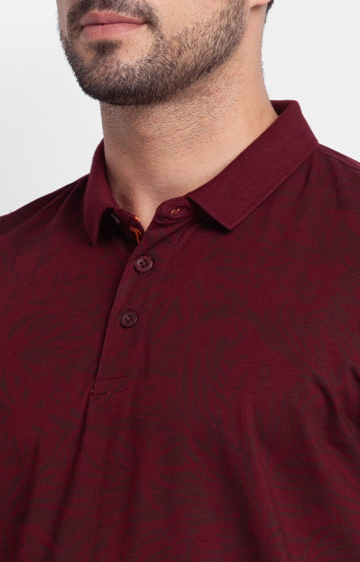 Spykar Wine Cotton Half Sleeve Printed Casual Polo T-Shirt For Men