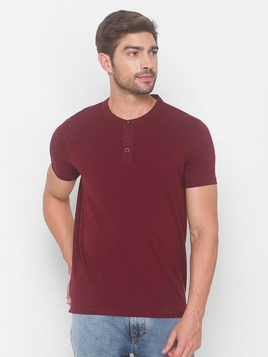 Spykar Men Red Cotton Slim Fit Round Neck T-Shirt