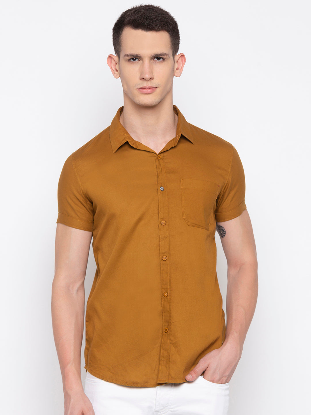 Spykar Men Khaki Cotton Slim Fit Half Sleeve Shirt