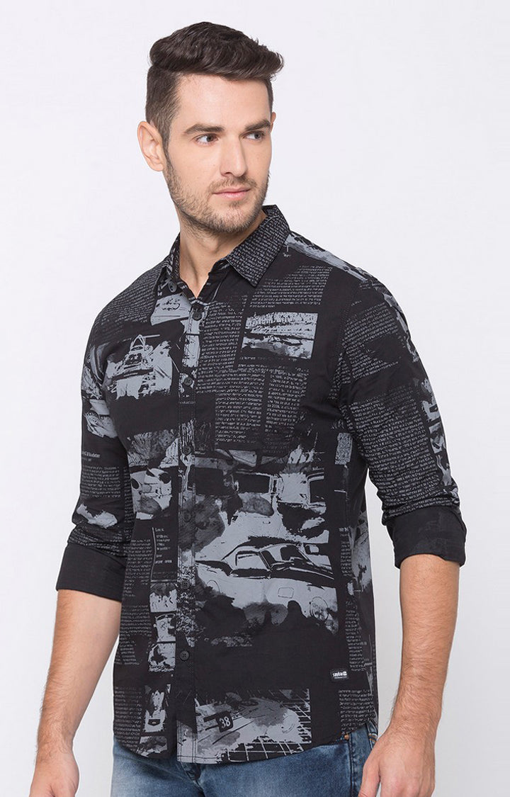 Spykar Men Jet Black Cotton Full Sleeve Slim Fit Printed Shirt