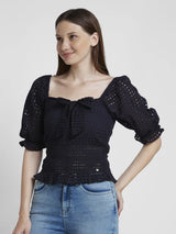 Spykar Women Black Cotton Slim Fit Half Sleeve Heart Neck Plain Top