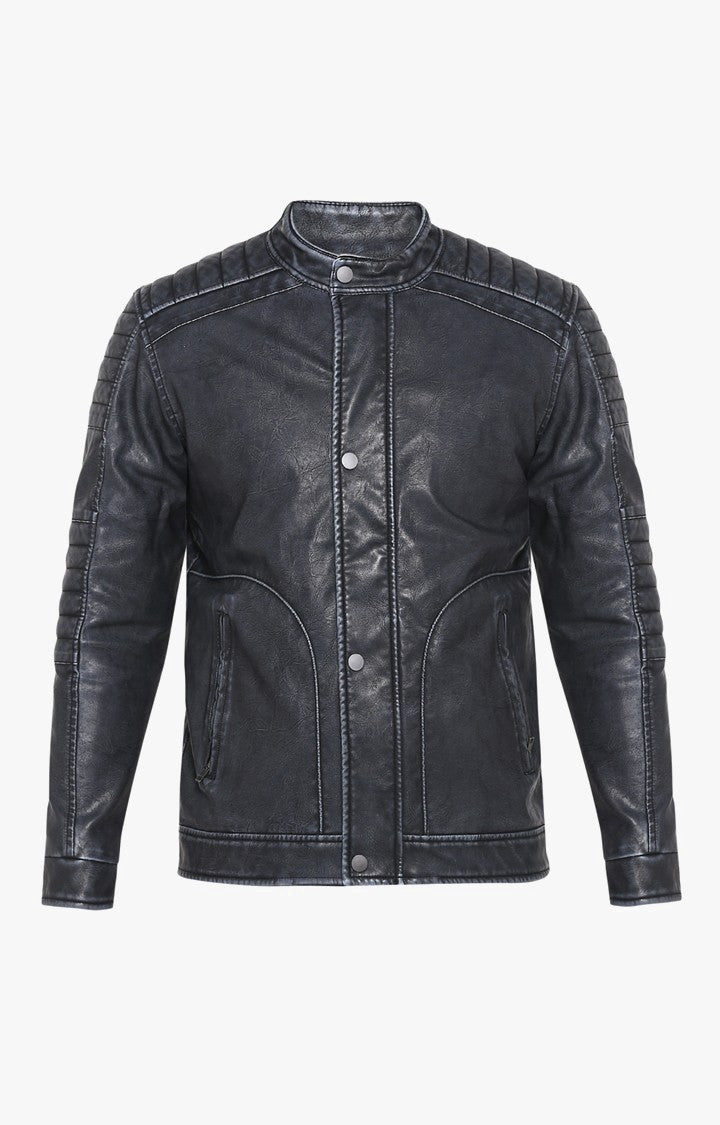 Spykar Men Navy Solid Slim Fit Leather Jacket